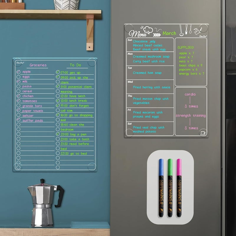 Clever Clean Clear Non-Magnetic Meal Planner Set for Fridge - Dry Erase Transparent Menu and List Board - Sticks to Wall, Glass, Door, Any Smooth Surfaces - Image 1